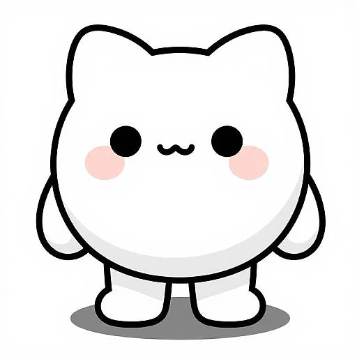 Cute, white, chibi-style cartoon cat with black outline, small round black eyes, pink blush, simple smile, standing on gray shadow,