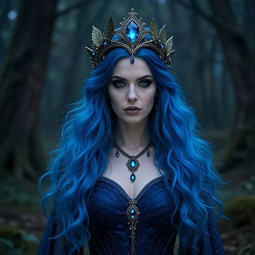 Photograph of a pale-skinned woman with long, vibrant blue hair, wearing a black lace dress and intricate blue gem-encrusted crown and