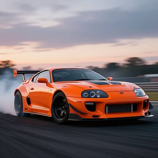 Photograph of a bright orange, high-performance sports car with black accents, large rear spoiler, and black wheels, speeding on a racetrack at