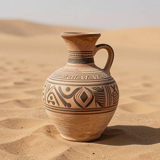 Photograph of a traditional, intricately patterned, clay vase with a handle, standing in a sunlit, sandy desert.