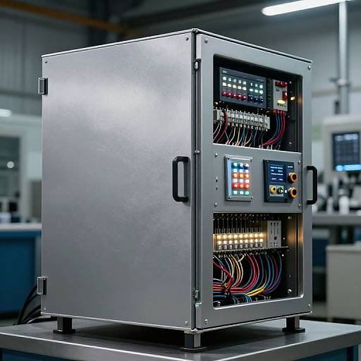 Photograph of a metallic server rack with illuminated control panel, multicolored cables, and buttons, set in a modern data center.