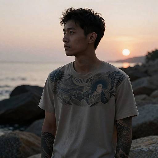 Realistic Tattooed Man at Sunset Beach