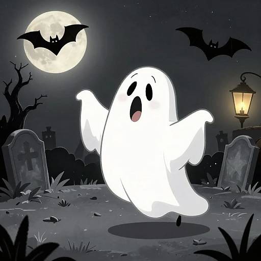 Cartoon ghost dancing in a dark, moonlit graveyard with bats, tombstones, and a lit lantern, under a full moon.