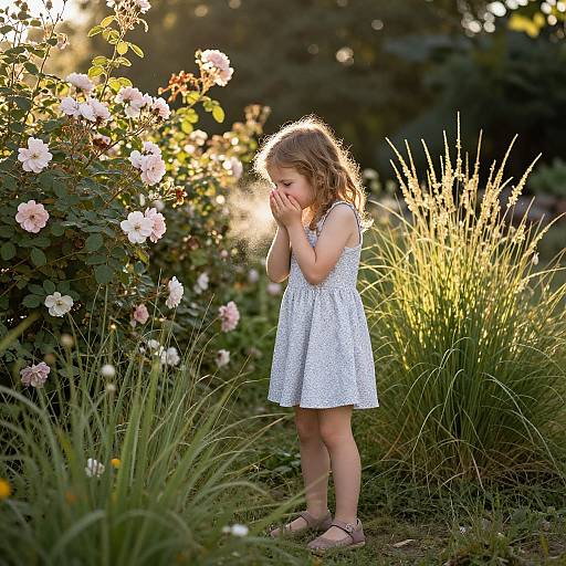 Photograph of a young girl with curly brown hair in a white sundress, standing in a sunlit garden, hands clasped, gazing at