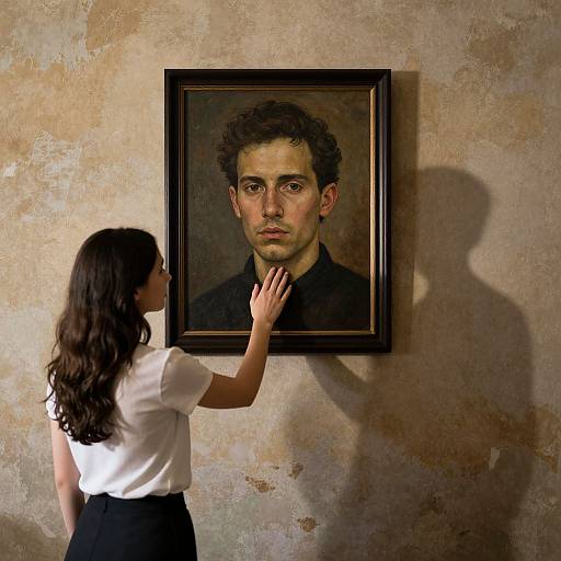 Photograph of a woman with long black hair, white blouse, and black skirt, touching a framed portrait of a serious, curly-haired man on a