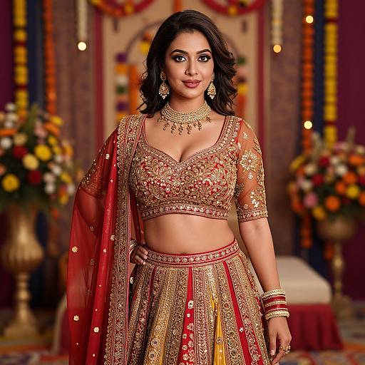 Photograph of an Indian woman in a gold and red traditional lehenga choli with intricate embroidery, wearing jewelry, standing in a decorated room with floral