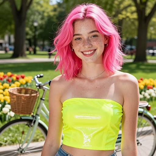 Photograph of a smiling young woman with bright pink hair, wearing a neon yellow strapless top, standing in a sunny park with a bicycle and colorful