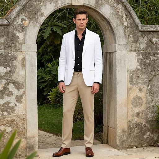 Photograph of a serious, handsome man with short brown hair, wearing a white blazer, black shirt, beige pants, and brown shoes, standing