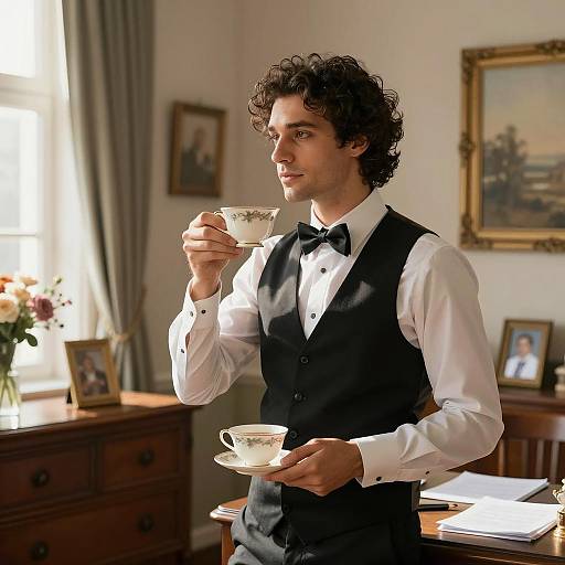 Man in Formal Attire Drinking Tea