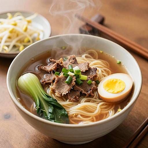 Photograph of steaming hot ramen bowl with tender beef slices, green onion, boiled egg, and noodles, on a wooden table.