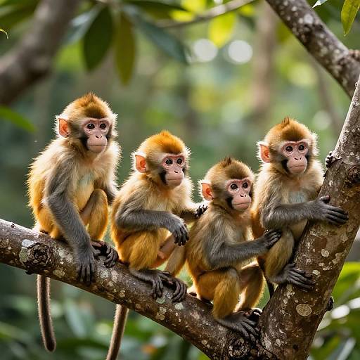 Photograph of four young, golden-brown monkeys with pink faces, sitting closely on a tree branch in a lush, sunlit forest.