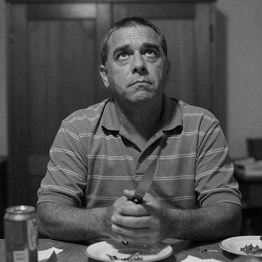 Tense Man with Knife in Black and White