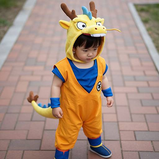 Photograph of an Asian toddler in a yellow dragon-themed onesie, blue shirt, and blue shoes, walking on a brick pathway.