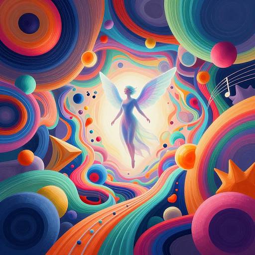 Vibrant, abstract digital artwork featuring a silhouetted winged figure centered among swirling, colorful circles, orbs, and musical notes in a