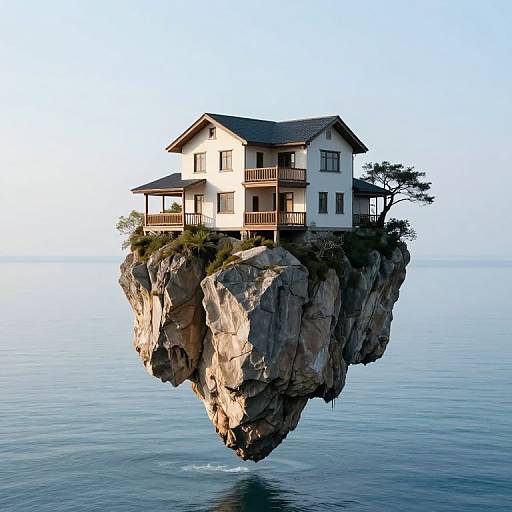 Photograph of a white, two-story house with brown balconies, perched on a rocky cliff, floating above calm, blue ocean under clear sky