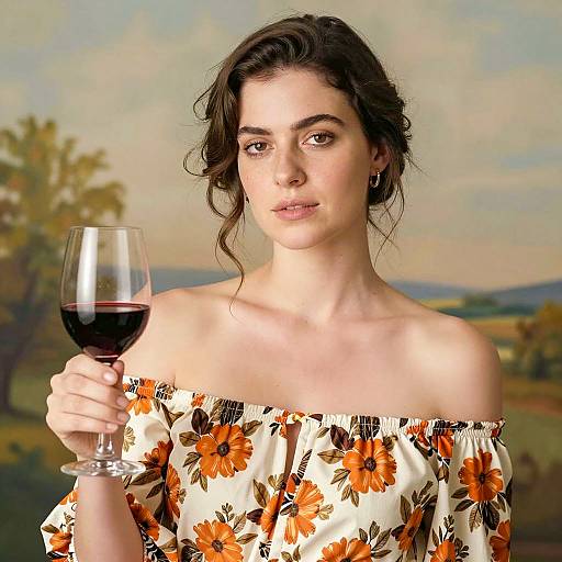 Elegant Woman in Floral Dress with Wine