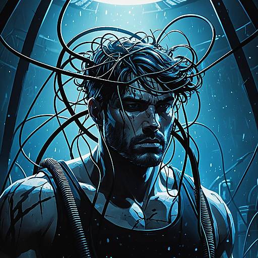 Unconscious Man Connected to Cables in Sci-Fi Tank