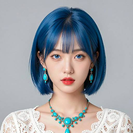 Young Woman with Blue Bob Hair and Turquoise Jewelry