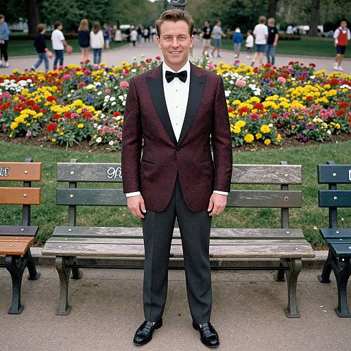 Photograph of a smiling man in a dark maroon tuxedo with black bow tie, standing on a park bench surrounded by vibrant flower beds.