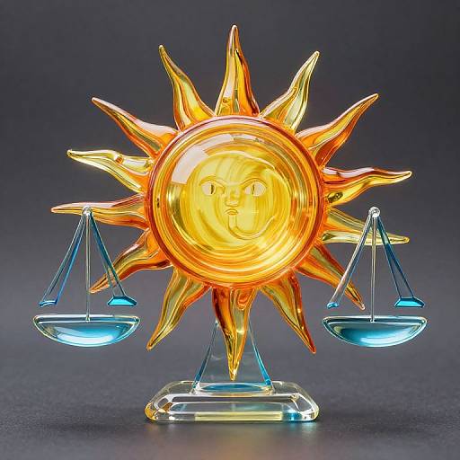 Glowing orange sun with a human face, supporting two blue, balanced scales on a clear glass base, against a dark background.