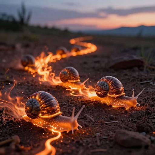Radiant Snails on Fiery Surreal Path