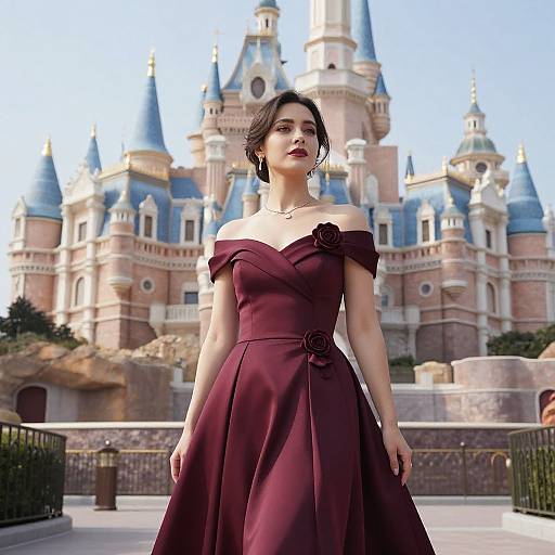 Photograph of a young woman with short dark hair in an off-shoulder maroon dress with rose embellishment, standing in front of a fairy