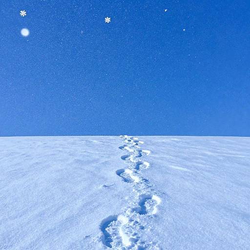 Photograph of a snowy landscape under a clear, starry blue sky, with a single footpath of tracks leading into the horizon.