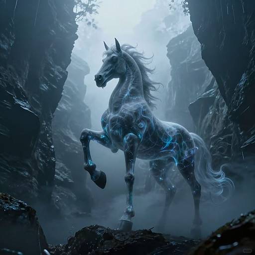 Digital art of a glowing, blue-lit white horse with ethereal blue energy patterns, rearing in a misty, rocky canyon during a rain
