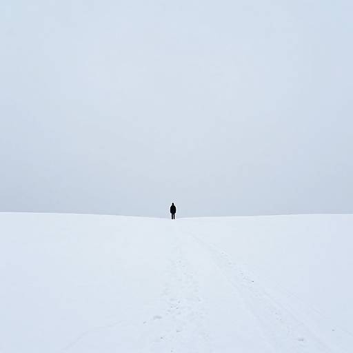 Minimalist photograph of a solitary black figure standing in a vast, white, snowy landscape under a pale blue sky.