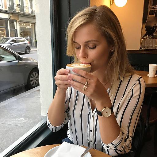 Photograph of a blonde woman with fair skin, wearing a white striped blouse, sipping a latte, seated by a window in a cozy café