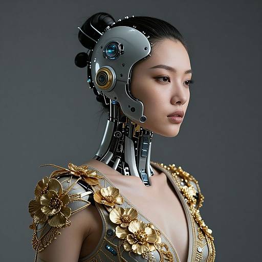Photorealistic digital artwork of an East Asian woman with cybernetic headgear, wearing a gold floral-embellished dress, set against a