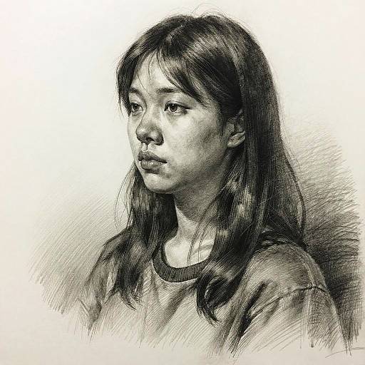 Detailed black-and-white pencil sketch of an Asian woman with long, wavy hair, wearing a casual shirt, gazing to the left.