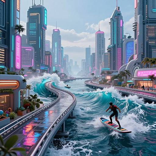 Digital art of futuristic cityscape with neon lights, surfers on waves in a canal, and tall skyscrapers under a cloudy sky.