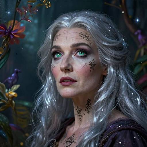 Digital fantasy portrait of a pale-skinned woman with long silver hair, teal eyes, intricate black tattoos, surrounded by glowing flowers and sparkles in a