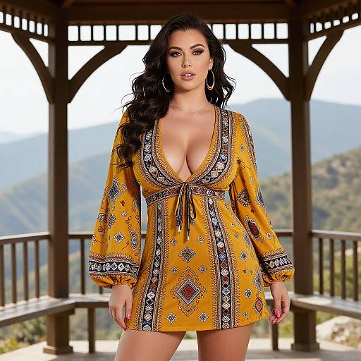 Photograph of a curvy woman with long black hair, large hoop earrings, and deep cleavage in a yellow, bohemian-style, deep