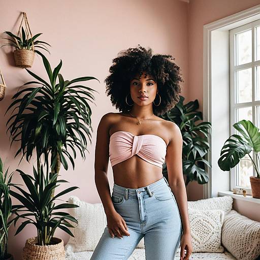 Woman in Pink Twist Front Tube Top and Light Jeans