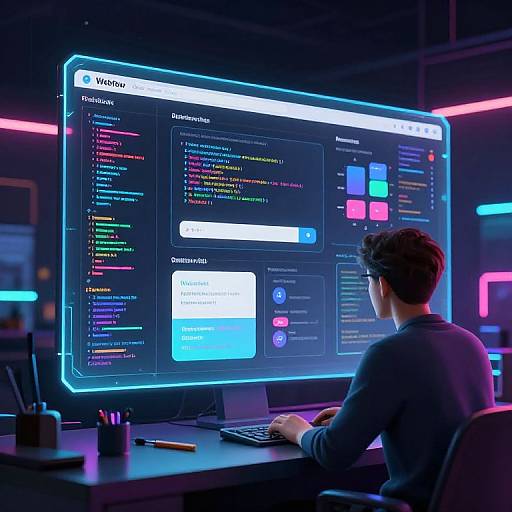 Photograph of a male programmer with short brown hair, sitting at a desk, focused on a large, glowing, colorful code editor screen in a neon
