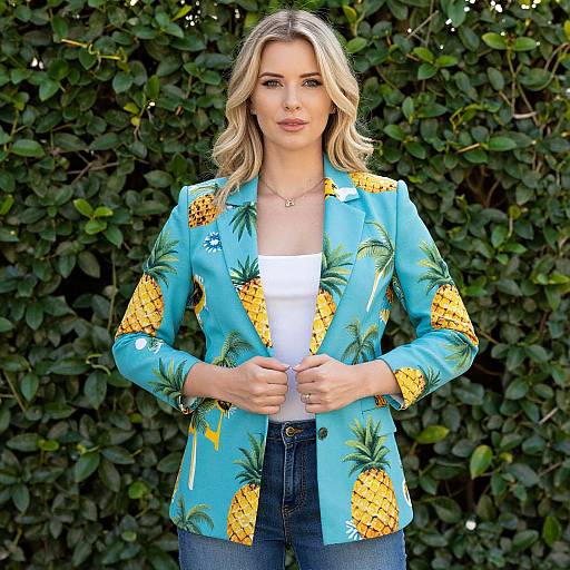 Photograph of a blonde woman with wavy hair, wearing a vibrant blue pineapple-patterned blazer over a white top, and denim jeans, standing
