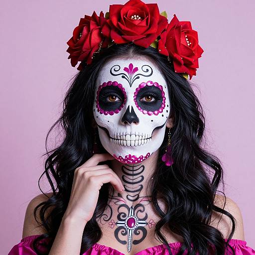 Photograph of a woman with black hair, white sugar skull face paint, red flower crown, pink off-shoulder top, black rib and heart