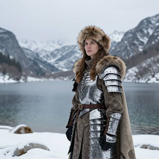 Photograph of a young woman in medieval, silver-armor and fur-trimmed cloak, standing by a snow-covered lake with mountains in the background