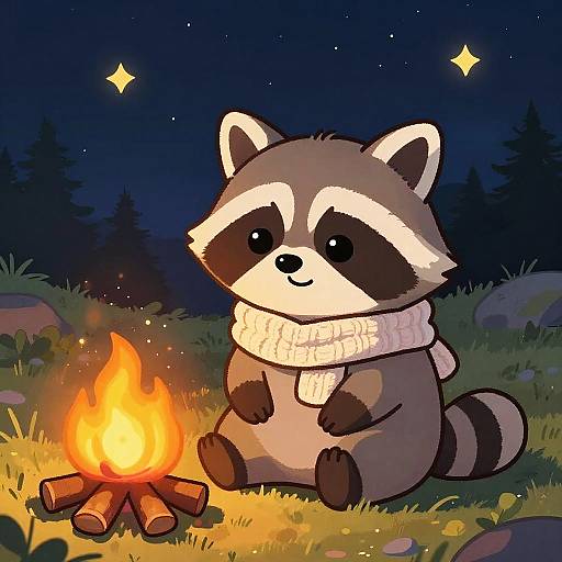 Cozy Chibi Raccoon by Campfire