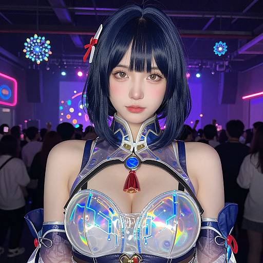 Photograph of an East Asian woman with black bob haircut, wearing a futuristic, shiny, armored costume with large breasts, in a neon-lit club