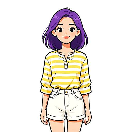 Digital anime-style drawing of a smiling woman with purple hair, wearing a yellow-striped shirt and white high-waisted shorts.