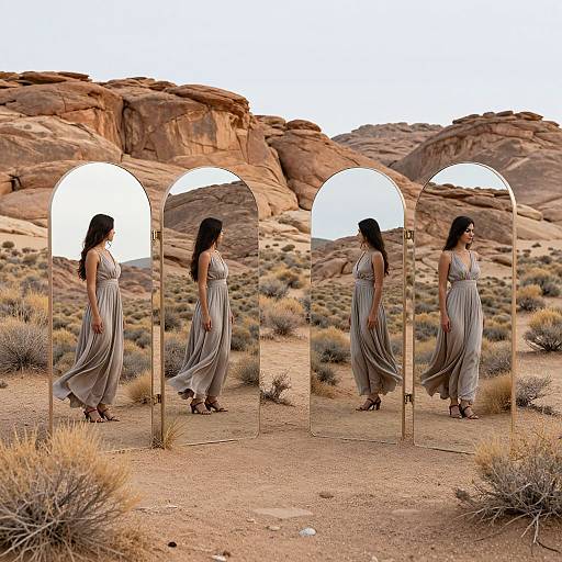 Photograph of a woman with long black hair in a flowing white dress, standing in front of three mirrored arches in a desert with rocky cliffs and