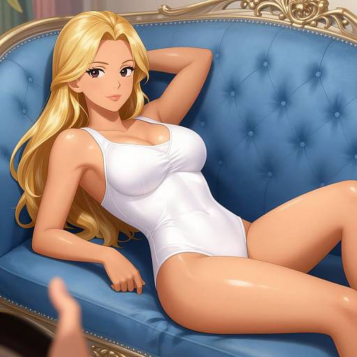 Anime-style digital illustration of a blonde woman with long hair, large breasts, wearing a white tank top, reclining on a blue velvet couch.