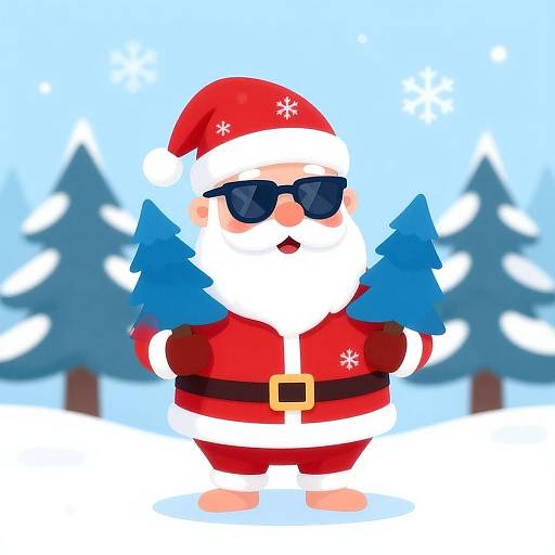Cartoon Santa Claus with black sunglasses, red suit, white trim, black belt, and blue Christmas trees in snowy background.