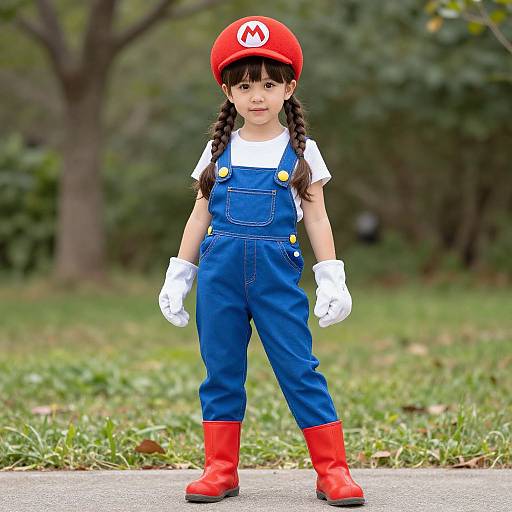 Photograph of a young girl in a Mario costume: red hat, blue overalls, white shirt, white gloves, red boots, standing outdoors on