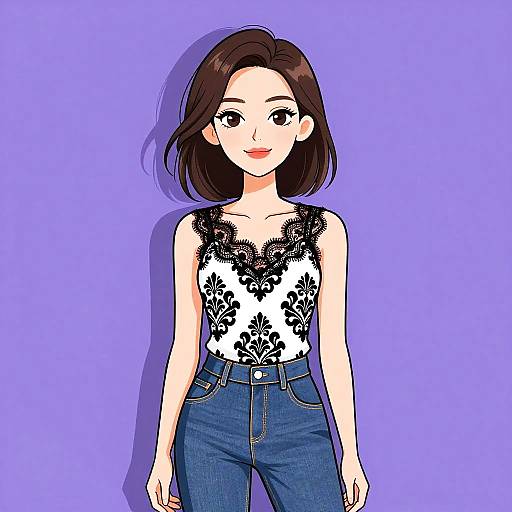 Digital anime-style drawing of a smiling young woman with short brown hair, wearing a white lace-trimmed tank top and blue jeans, against a solid