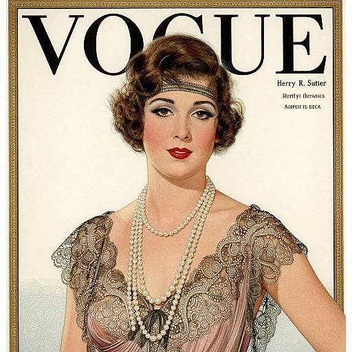 Vintage Vogue magazine cover illustration by Betty R. Snyder, featuring a 1920s-style woman with short brown hair, red lipstick, lace dress,