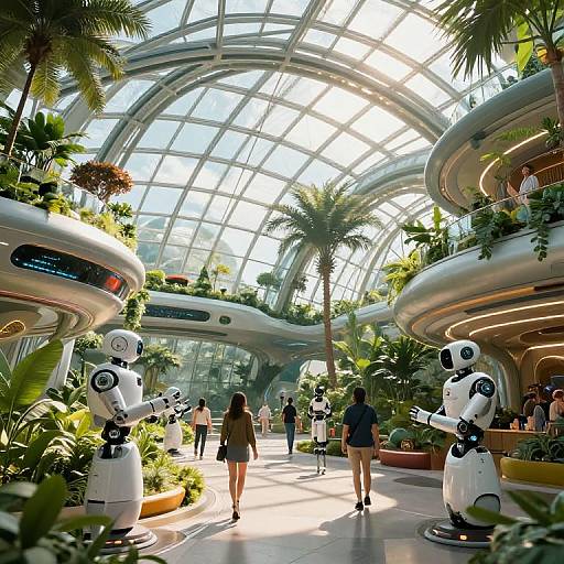 Photograph of a futuristic indoor mall with tall glass ceilings, lush greenery, and two white robot statues standing on either side. Sunlight streams in